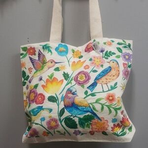 Ganz NWT 100% Cotton Bright Multicolor Birds and Blooms Canvas Tote